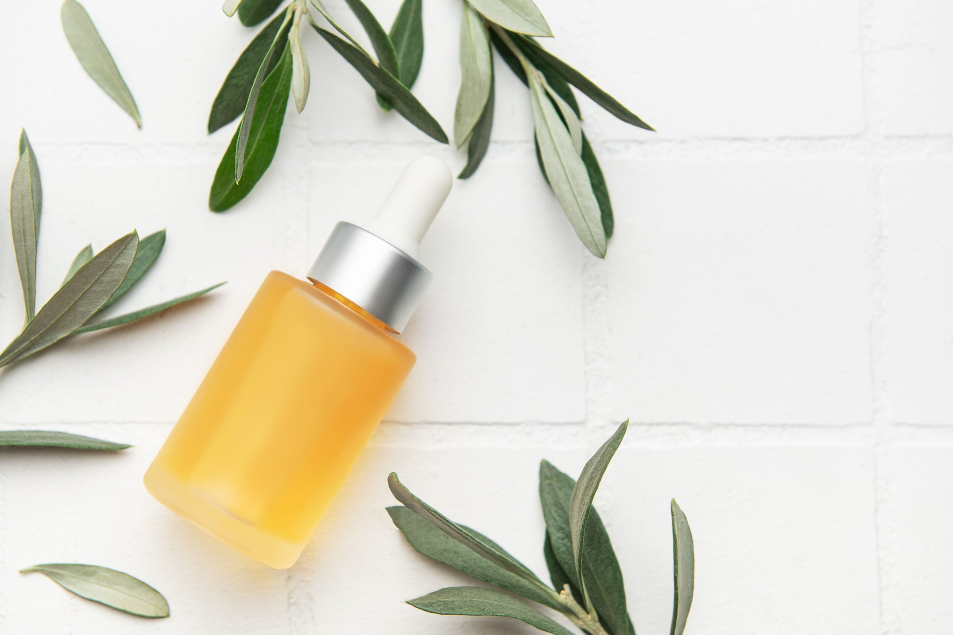 Natural cosmetic serum bottle with dropper surrounded by olive tree leaves on white tile background